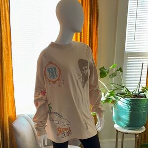 Cream Long-Sleeve Graphic Tee with Vintage Prints